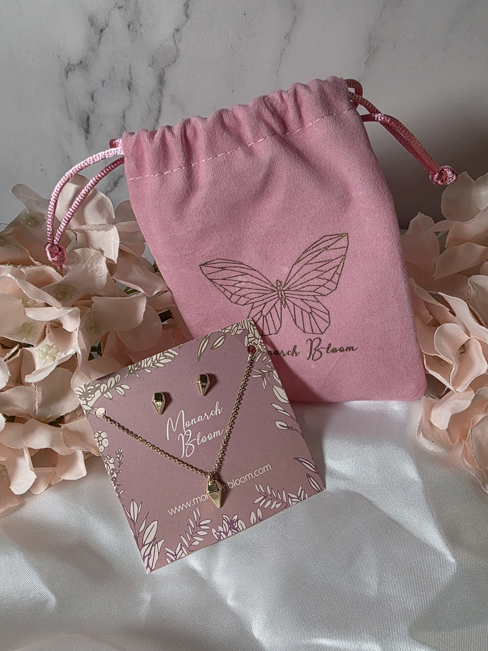 Monarch Bloom - Pink Gold Heart Pendant Necklace & Studs Set